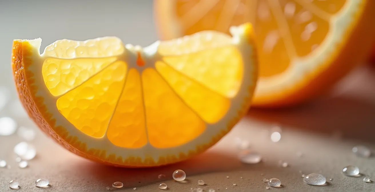 Macro close-up of bergamot orange peel texture with visible oil glands under soft directional light