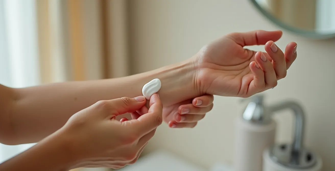 Hands gently applying a small amount of cream to inner forearm with soft natural lighting