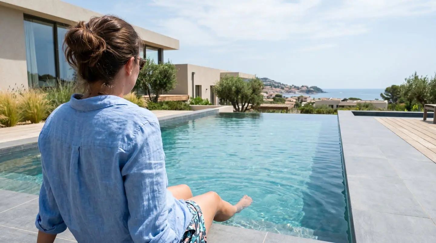Personne vue de dos en posture détendue assise au bord d'une piscine moderne avec l'environnement d'une villa contemporaine flouté en arrière-plan