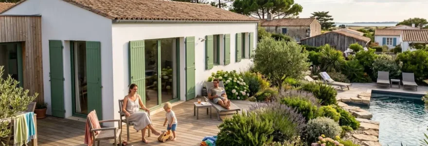 Villa contemporaine sur l'Île de Ré avec façade blanche, volets verts traditionnels et terrasse en bois entourée de végétation
