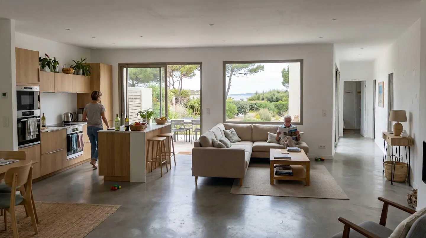 Open-plan villa interior with distinct kitchen, living, and private wing zones visible in single frame