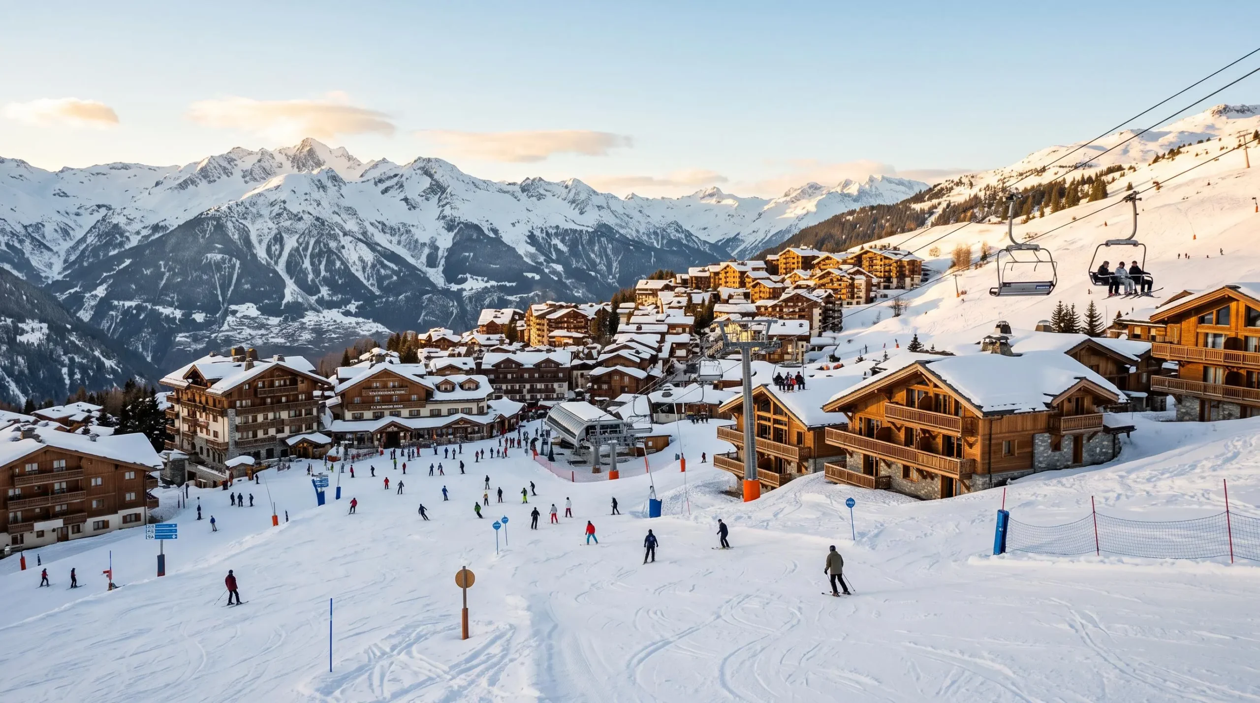 Wide view of Courchevel 1850 village showing clustered luxury chalets and apartments mid-slope with active ski lifts and pistes in foreground, snow-covered peaks behind, during golden hour winter light