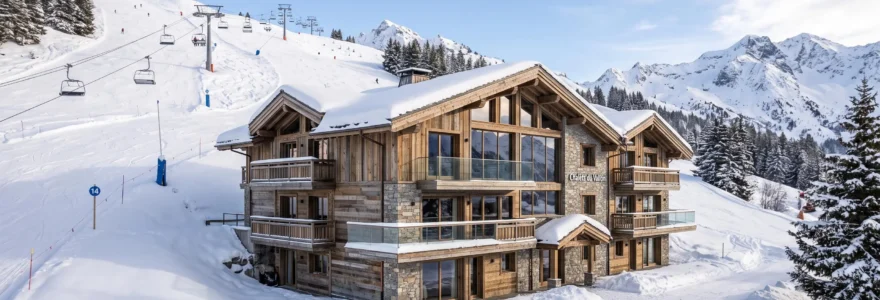 Luxury apartment building in Courchevel with traditional Savoyard wood and stone architecture, snow-covered ski slopes and chairlift visible in the mountain backdrop during winter season