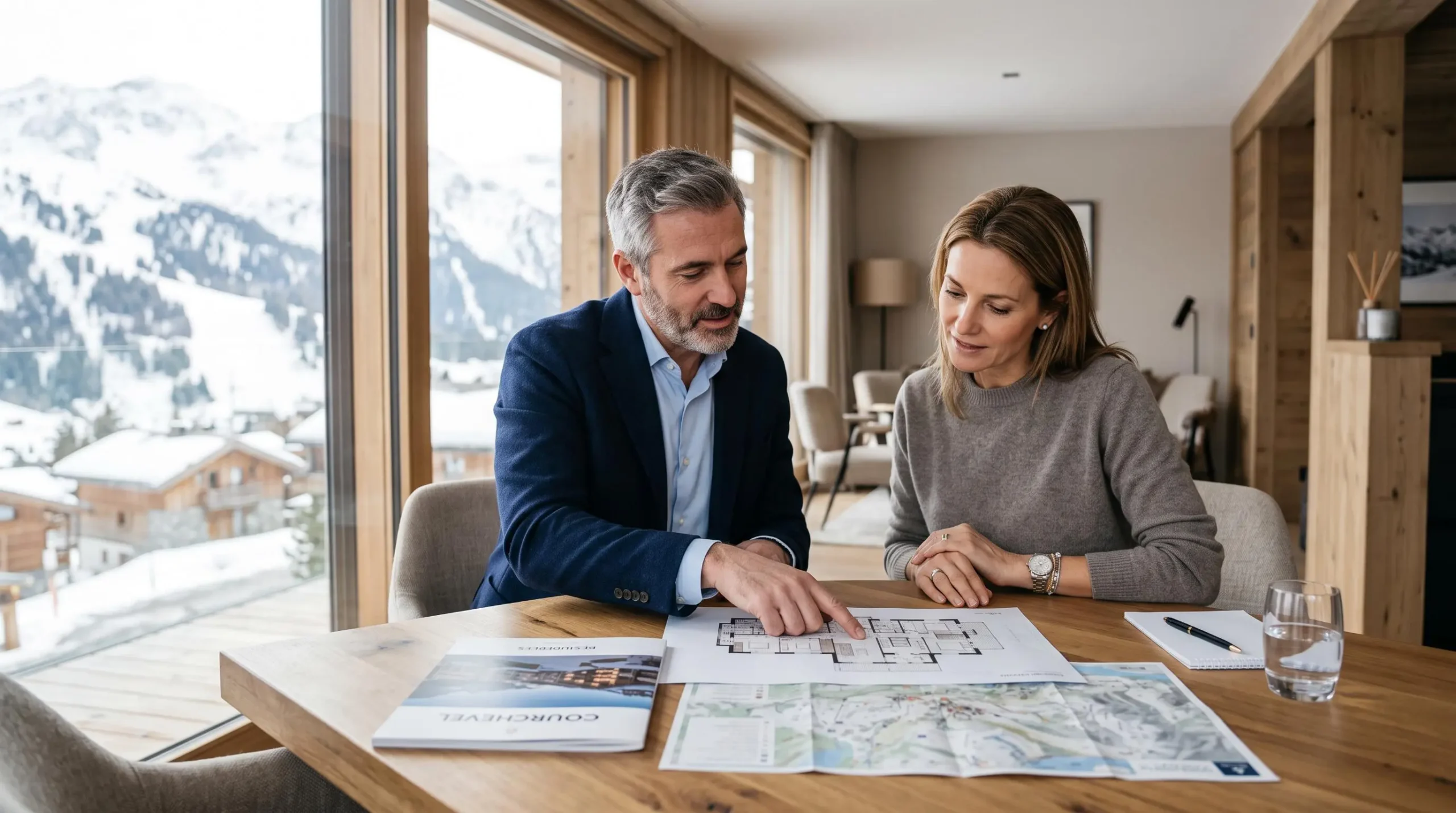 Property consultant and client reviewing floor plans and documents during real estate consultation in modern alpine office with Courchevel mountain views through windows