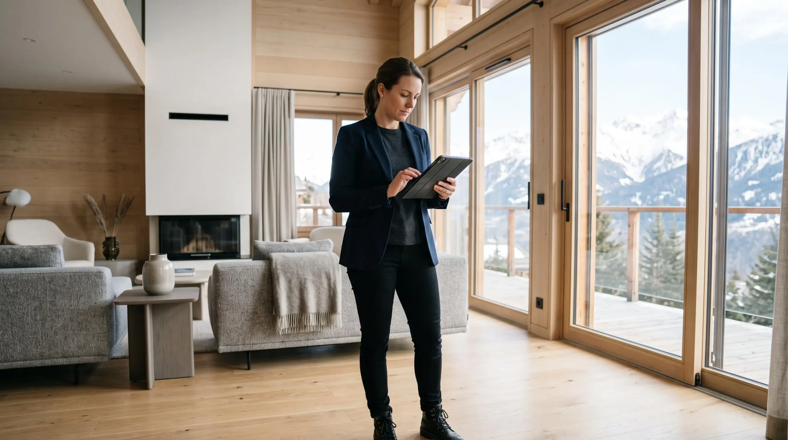 Property manager in her late thirties inspecting luxury alpine apartment with digital tablet, contemporary interior with natural wood flooring and mountain views through windows
